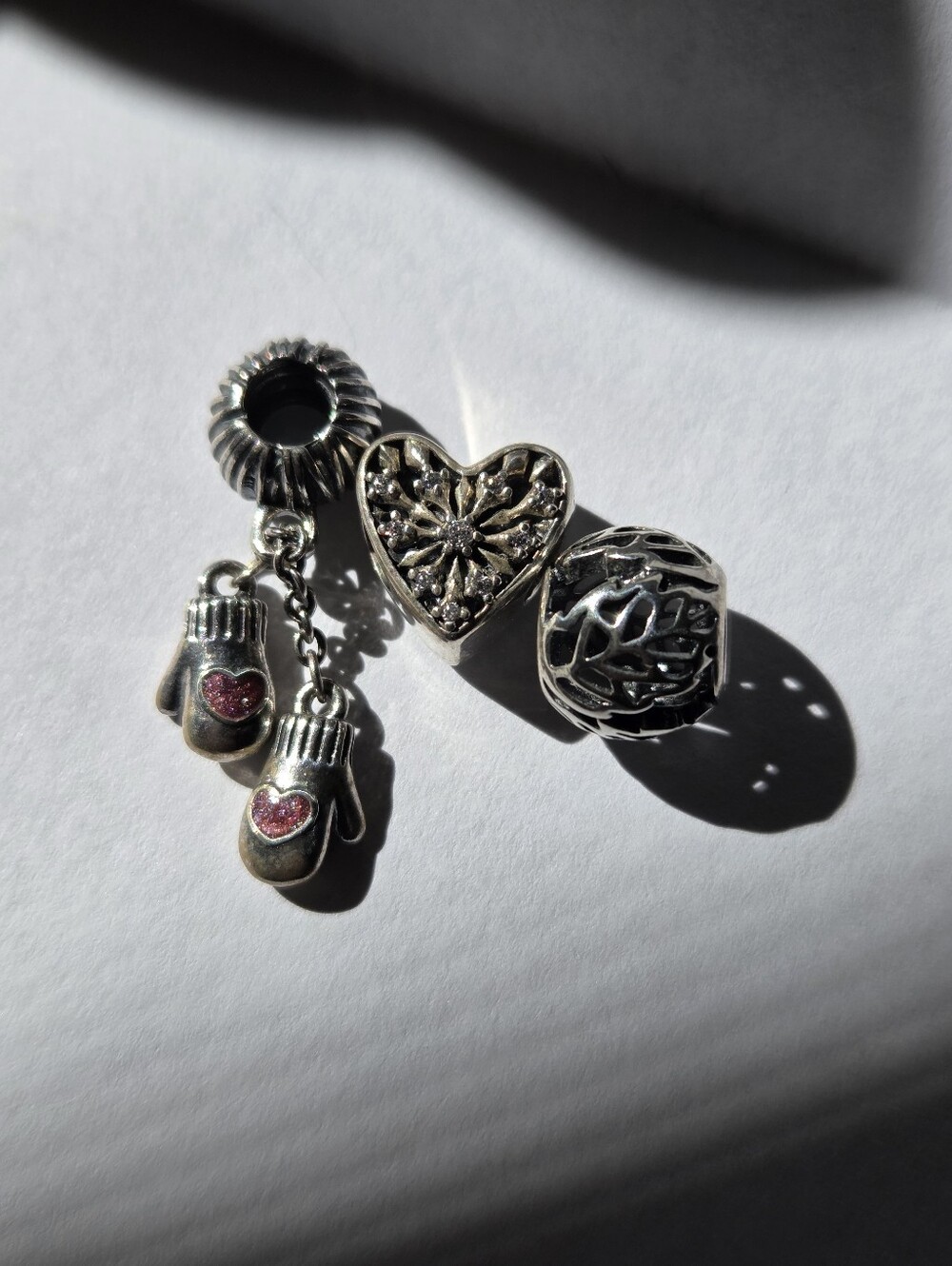 Pandora Sterling Silver Heart & Mitten Dangle Charms with Pink Accents